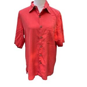 Caribbean Men’s Medium Silk Cotton Button Up Shirt Short Sleeve Dark Coral Red